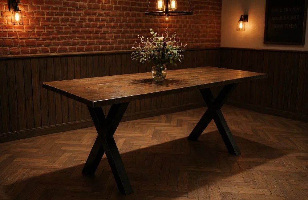 bartafel den bosch eiken antiek met stalen x poot robuuste horeca tafel