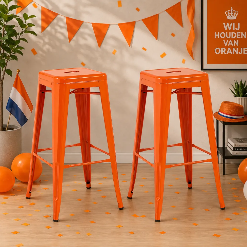 koning oranje barkrukken set van 2 in oranje met metalen frame voor wk en sportfeesten